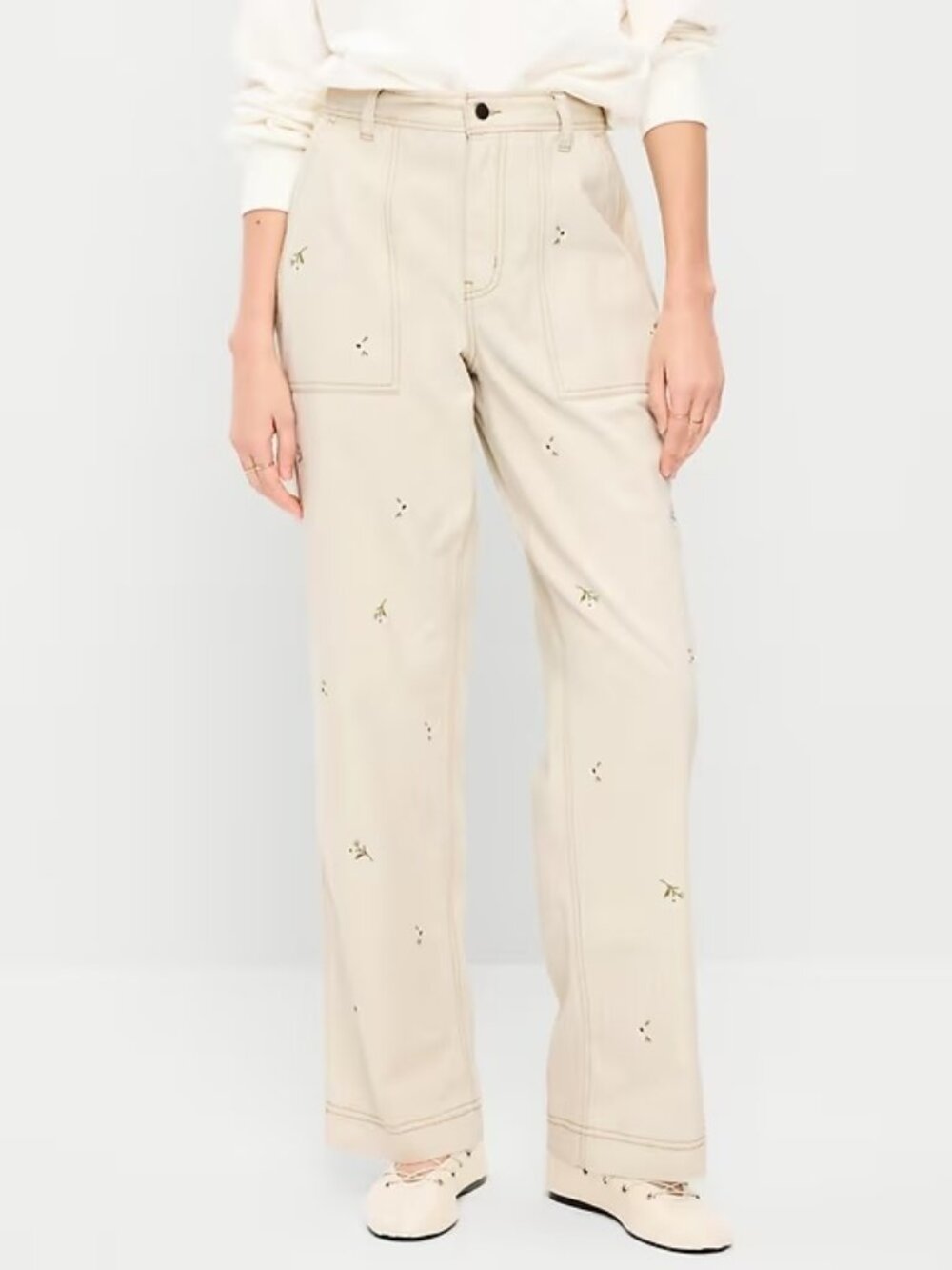 Old Navy High Waisted Straight Leg Ankle Pants Daisy Embroidered NWT